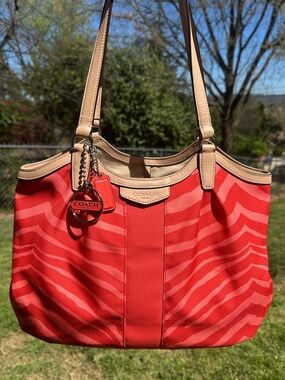 Coach Devin Red Coral Zebra Print Shoulder Bag Canvas Leather Trim F24022 2014